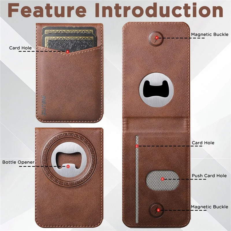 SUTENI G1S5 for iPhone 17 Pro Max Magnetic Case RFID Blocking Leather Back Cover with Detachable Card Holder Bottle Opener - Brown
