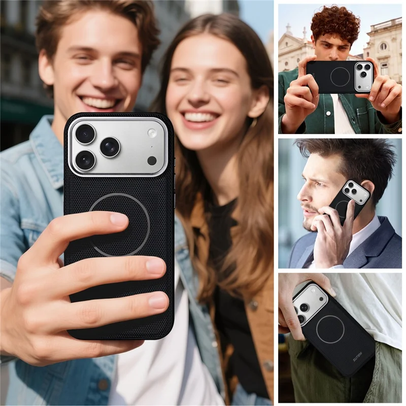 SUTENI G8 for iPhone 17 Pro Max Magnetic Case Triangle Texture Leather + TPU Phone Back Cover - Black