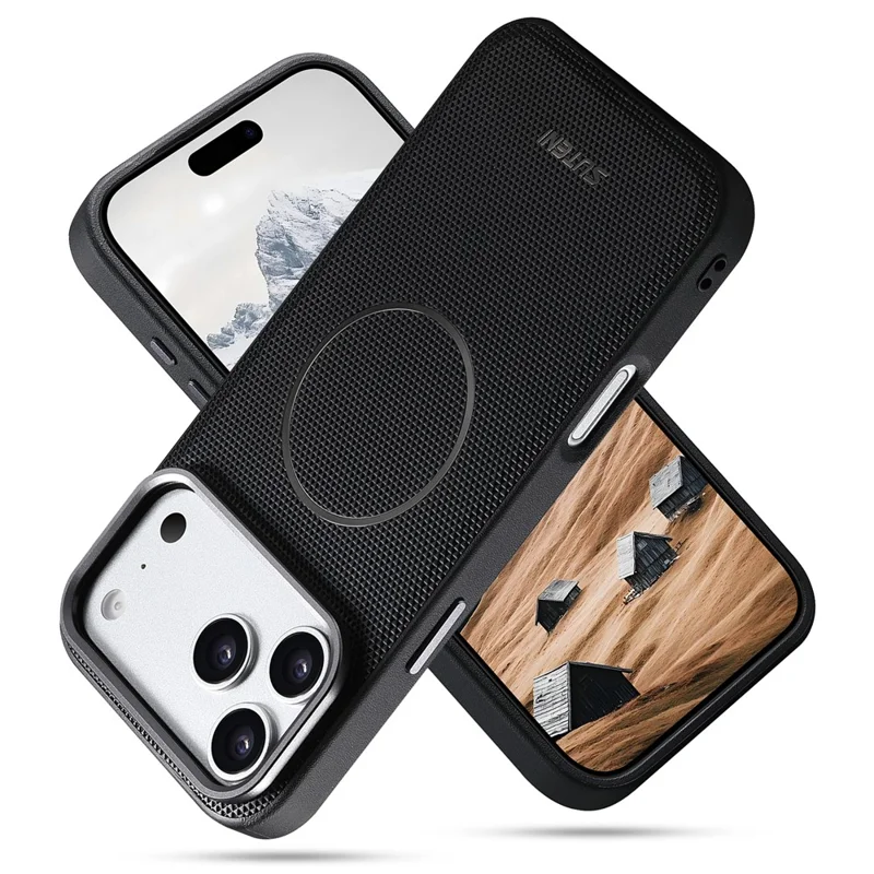 SUTENI G8 for iPhone 17 Pro Max Magnetic Case Triangle Texture Leather + TPU Phone Back Cover - Black