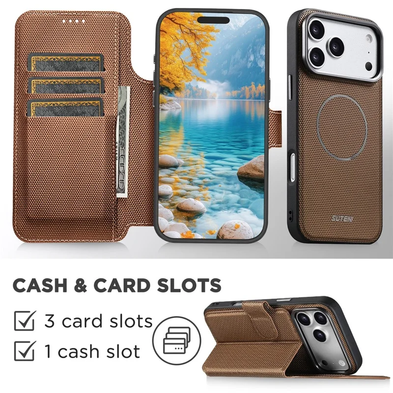 SUTENI Q09 for iPhone 17 Pro Max Leather Case Triangle Texture Wallet Folio Flip Phone Cover - Gold