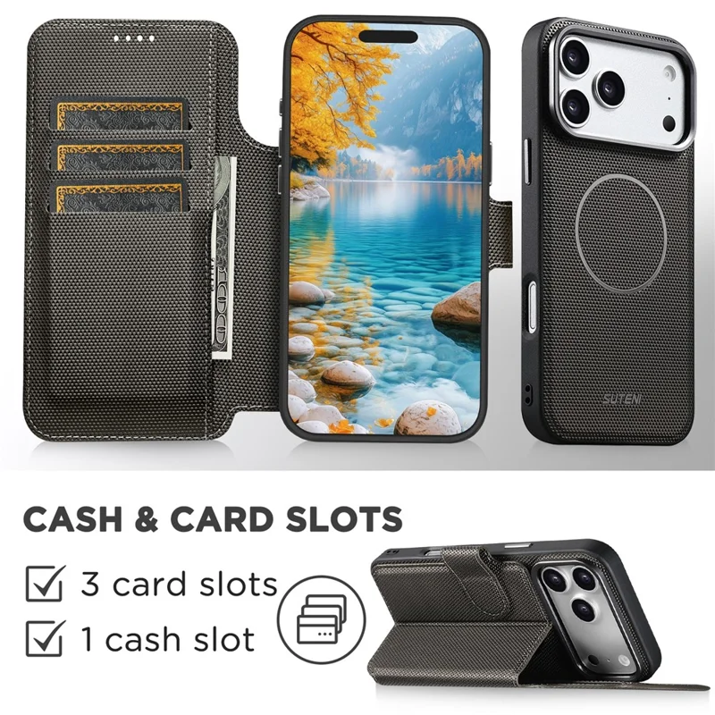 SUTENI Q09 for iPhone 17 Pro Leather Case Triangle Texture Wallet Folio Flip Phone Cover - Grey