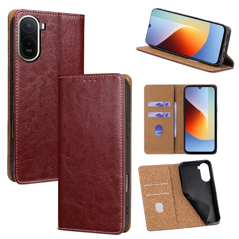 For Xiaomi Redmi A7 Pro 4G (171.56mm) Case Genuine Cow Leather Stand Mobile Phone Cover with RFID Blocking Wallet - Red