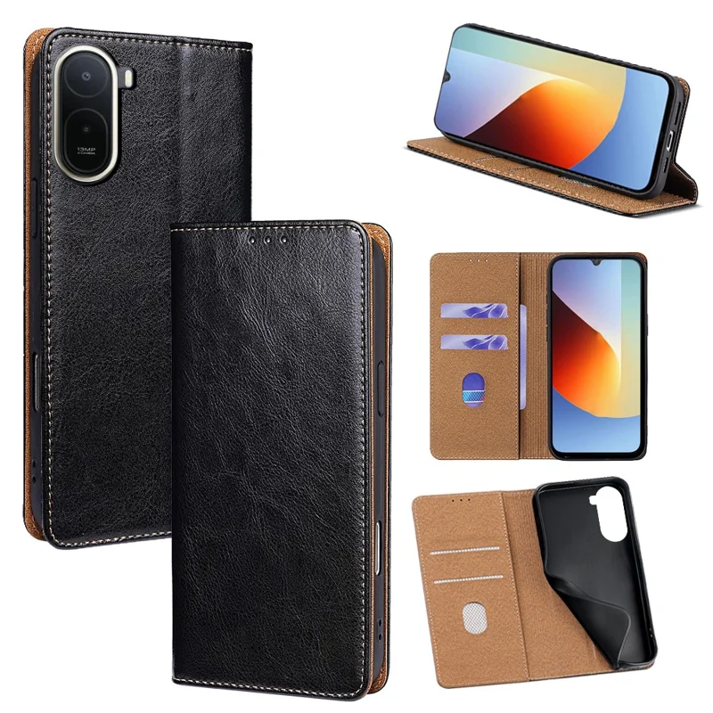 For Xiaomi Redmi A7 Pro 4G (171.56mm) Case Genuine Cow Leather Stand Mobile Phone Cover with RFID Blocking Wallet - Black