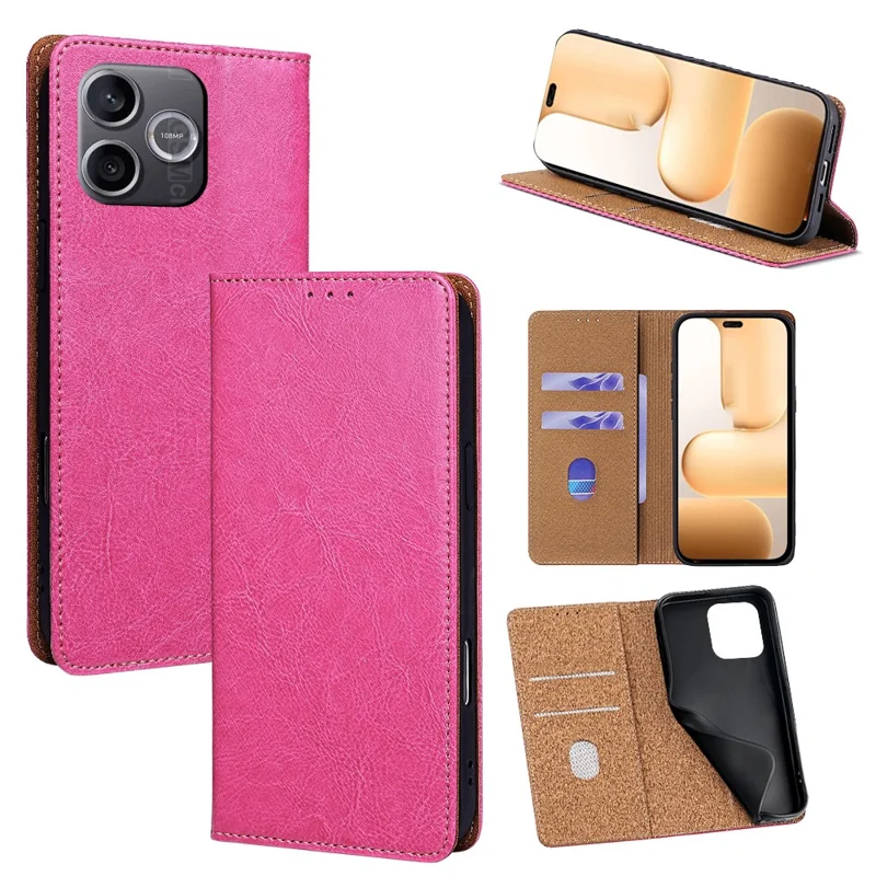 For Honor 600 Lite 5G Case Genuine Cow Leather Stand Mobile Phone Cover with RFID Blocking Wallet - Rose