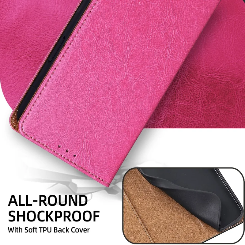 For Honor 600 Lite 5G Case Genuine Cow Leather Stand Mobile Phone Cover with RFID Blocking Wallet - Rose