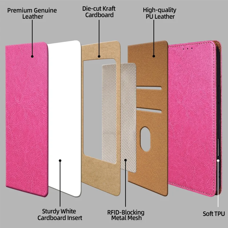 For Honor 600 Lite 5G Case Genuine Cow Leather Stand Mobile Phone Cover with RFID Blocking Wallet - Rose