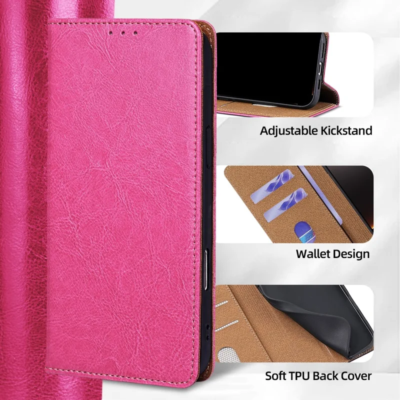 For Honor 600 Lite 5G Case Genuine Cow Leather Stand Mobile Phone Cover with RFID Blocking Wallet - Rose