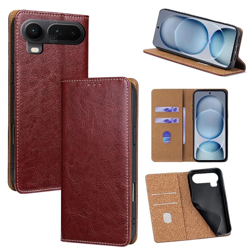 For Honor Magic8 Pro Air 5G Case Genuine Cow Leather Stand Mobile Phone Cover with RFID Blocking Wallet - Red