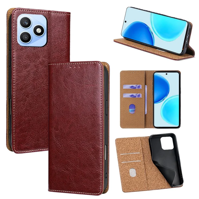 For Honor X8d 4G Case Genuine Cow Leather Stand Mobile Phone Cover with RFID Blocking Wallet - Red