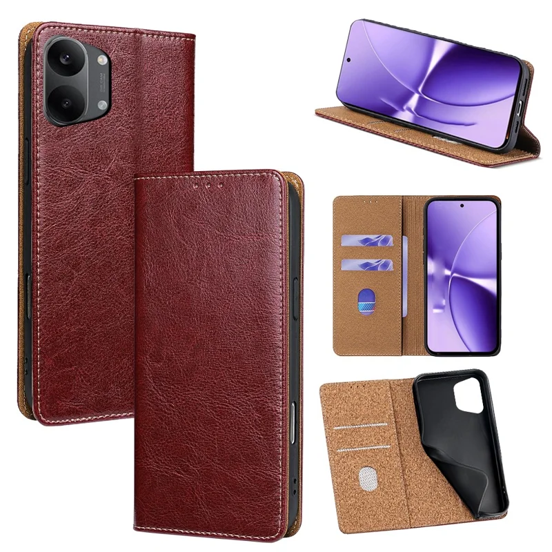 For Xiaomi Redmi Turbo 5 Max 5G Case Genuine Cow Leather Stand Mobile Phone Cover with RFID Blocking Wallet - Red