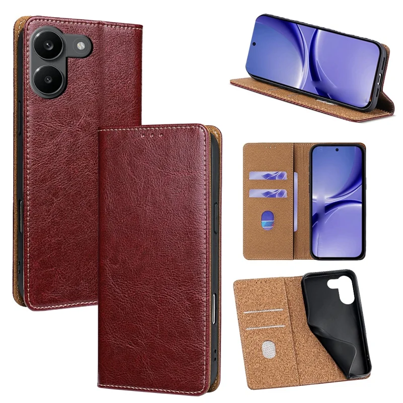 For Xiaomi Redmi Turbo 5 5G Case Genuine Cow Leather Stand Mobile Phone Cover with RFID Blocking Wallet - Red