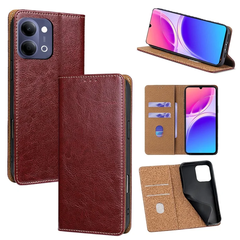 For vivo Y05 4G Case Genuine Cow Leather Stand Mobile Phone Cover with RFID Blocking Wallet - Red