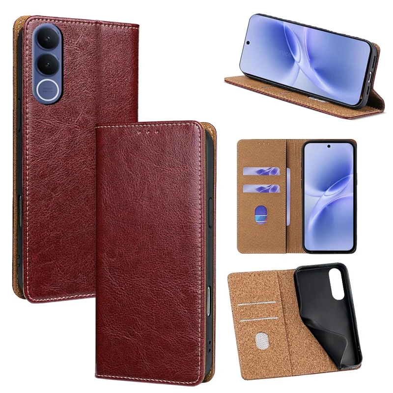 For vivo V70 FE 5G Case Genuine Cow Leather Stand Mobile Phone Cover with RFID Blocking Wallet - Red