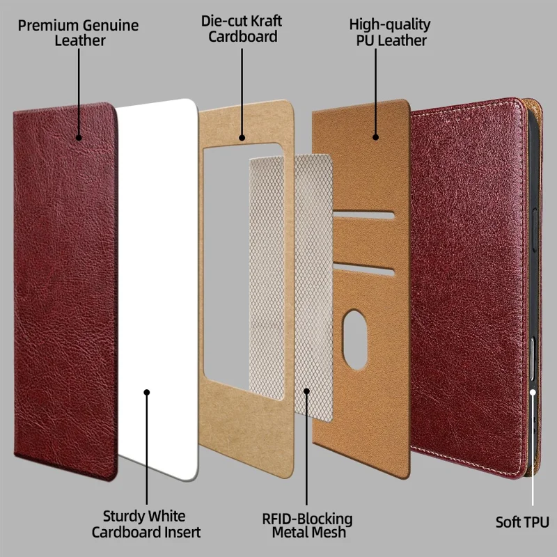 For vivo V70 FE 5G Case Genuine Cow Leather Stand Mobile Phone Cover with RFID Blocking Wallet - Red