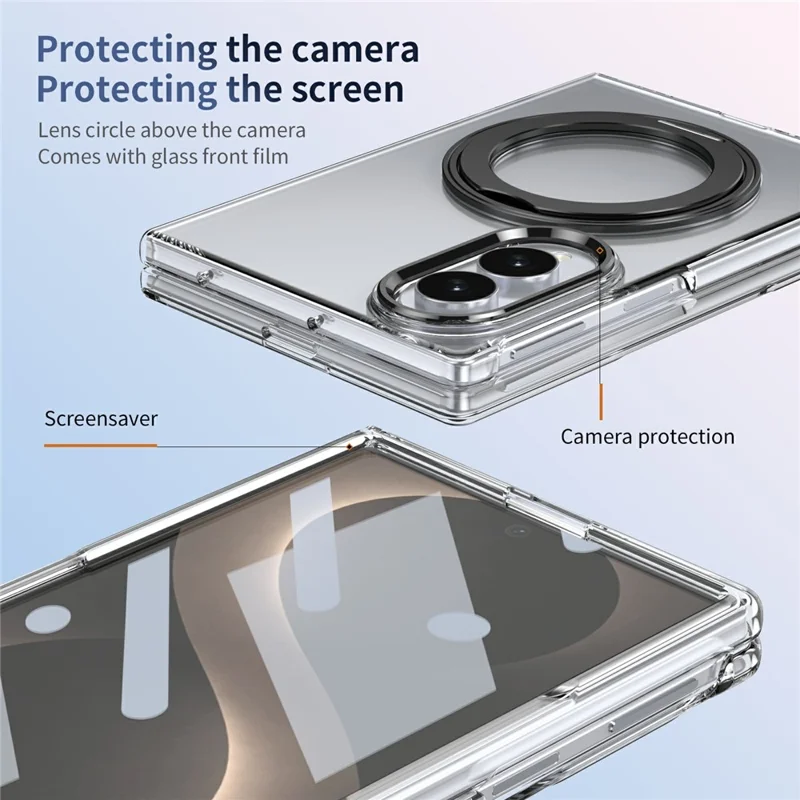 For Samsung Galaxy Z Fold8 Magnetic Case with Kickstand Clear PC Phone Cover with Front Glass Film - Black