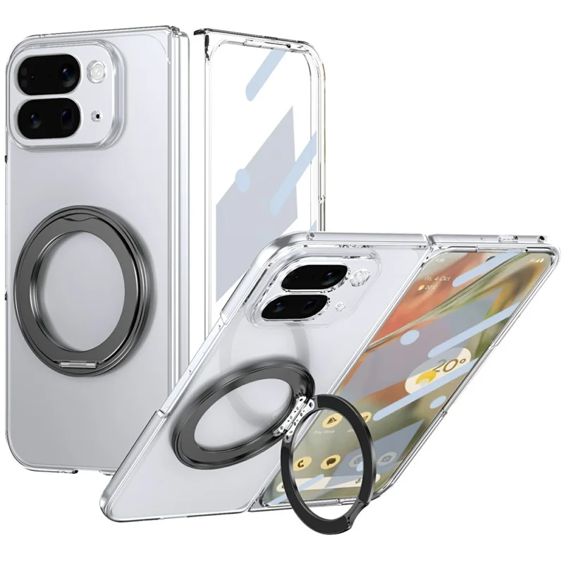 For Google Pixel 10 Pro Fold Magnetic Case with Kickstand Clear PC Phone Cover with Front Glass Film - Black