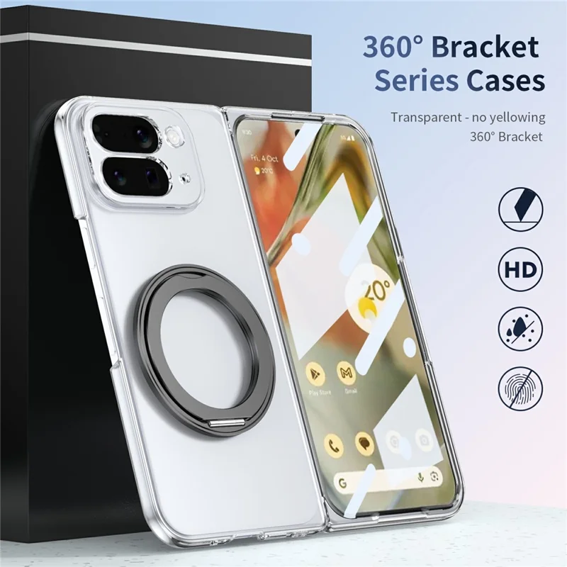 For Google Pixel 10 Pro Fold Magnetic Case with Kickstand Clear PC Phone Cover with Front Glass Film - Black