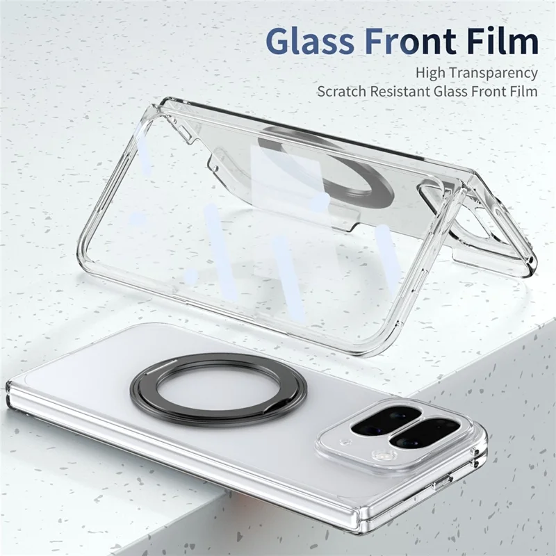 For Google Pixel 10 Pro Fold Magnetic Case with Kickstand Clear PC Phone Cover with Front Glass Film - Black