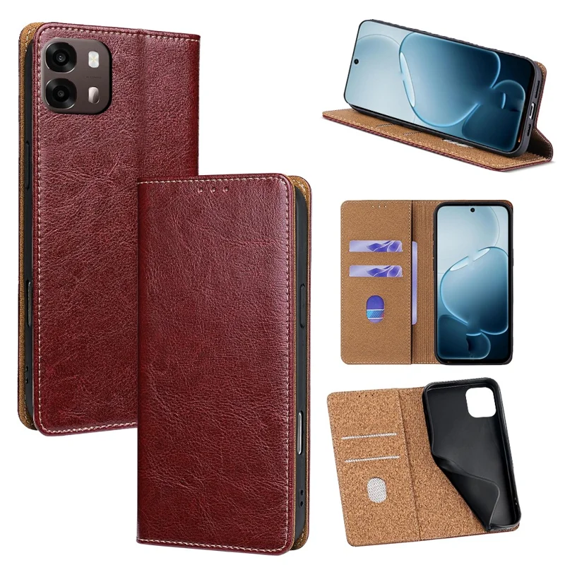 For Oppo A6s 4G Case Genuine Cow Leather Stand Mobile Phone Cover with RFID Blocking Wallet - Red
