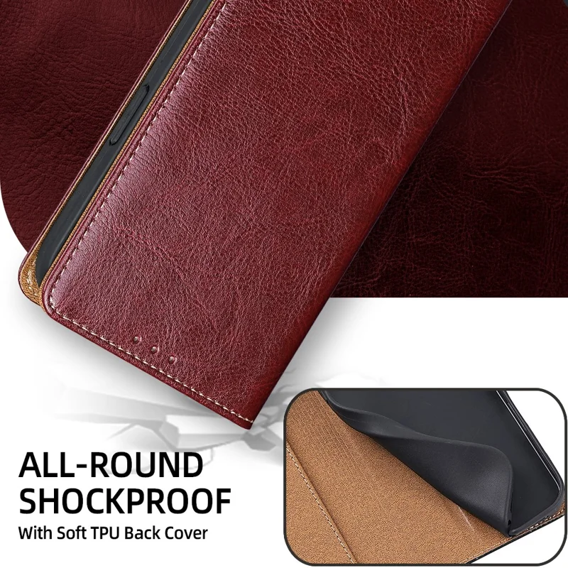 For Oppo A6s 4G Case Genuine Cow Leather Stand Mobile Phone Cover with RFID Blocking Wallet - Red