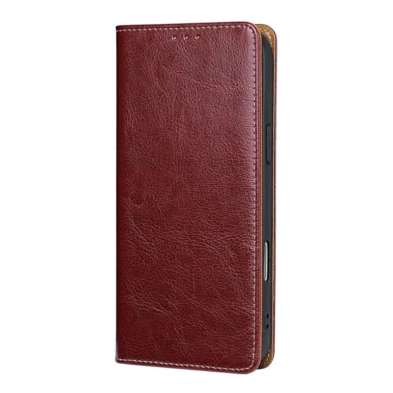 For Oppo A6s 4G Case Genuine Cow Leather Stand Mobile Phone Cover with RFID Blocking Wallet - Red