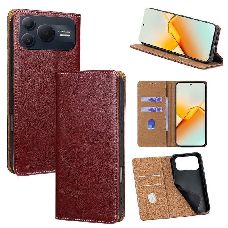 For Honor Power2 5G Case Genuine Cow Leather Stand Mobile Phone Cover with RFID Blocking Wallet - Red