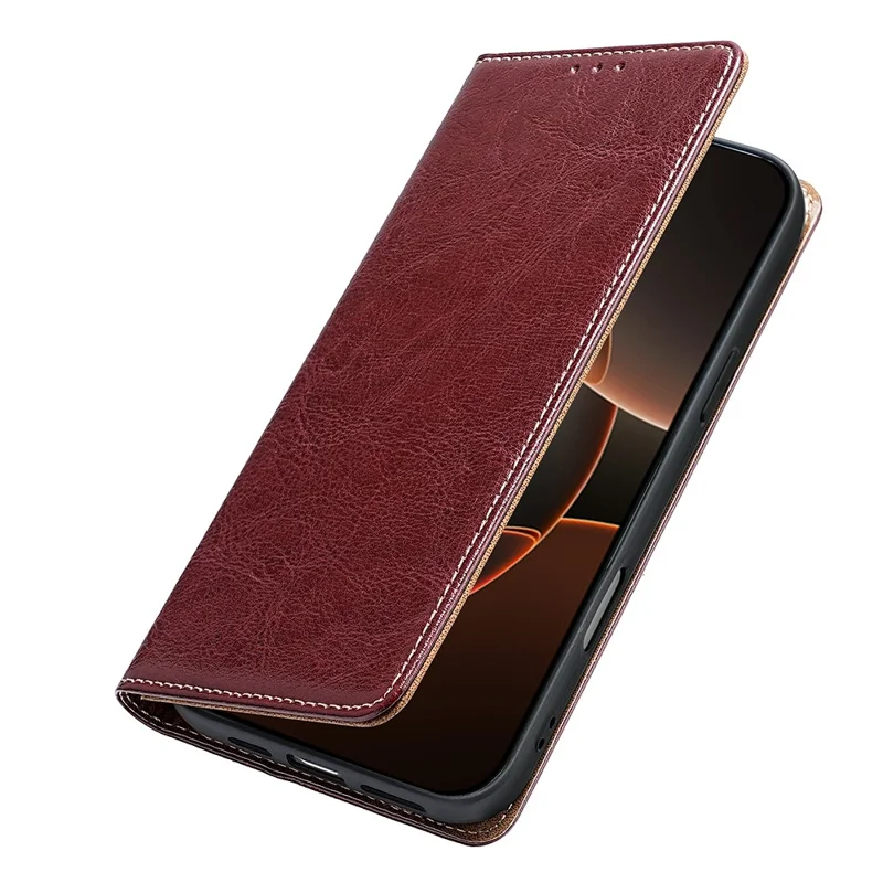 For Honor Power2 5G Case Genuine Cow Leather Stand Mobile Phone Cover with RFID Blocking Wallet - Red