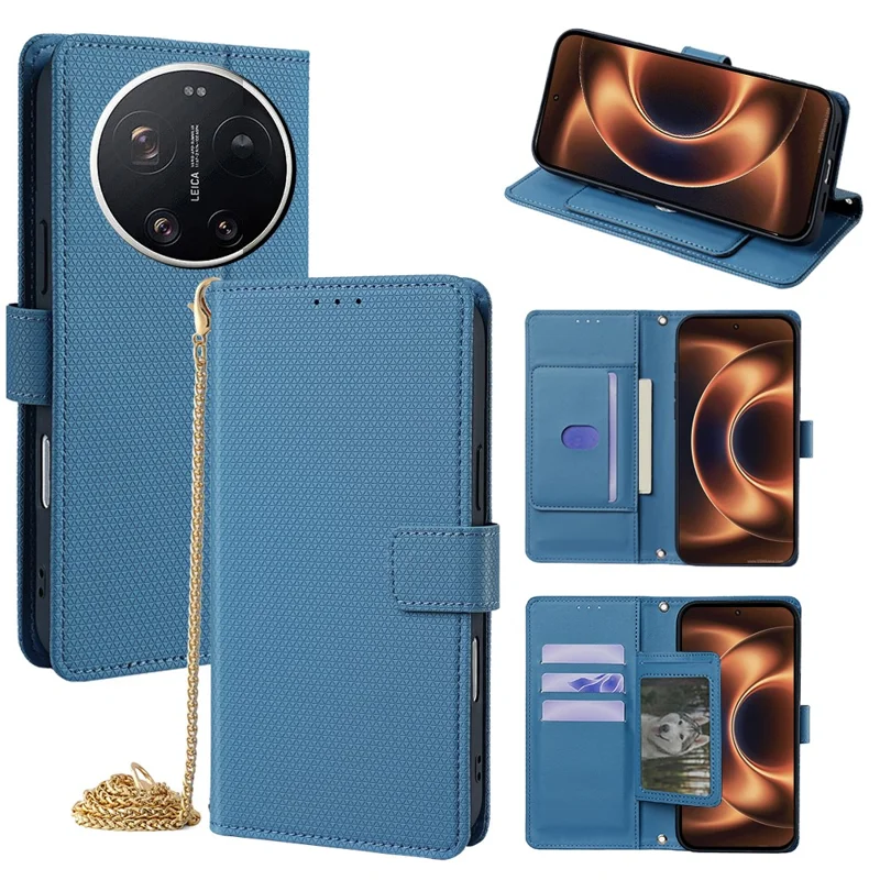 For Xiaomi 17 Ultra 5G Wallet Case Triangle Pattern Imprinted Stand Leather Phone Cover with Shoulder Strap - Blue