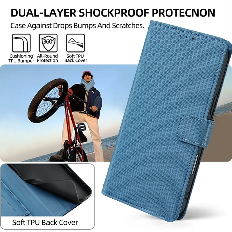 For Xiaomi 17 Ultra 5G Wallet Case Triangle Pattern Imprinted Stand Leather Phone Cover with Shoulder Strap - Blue