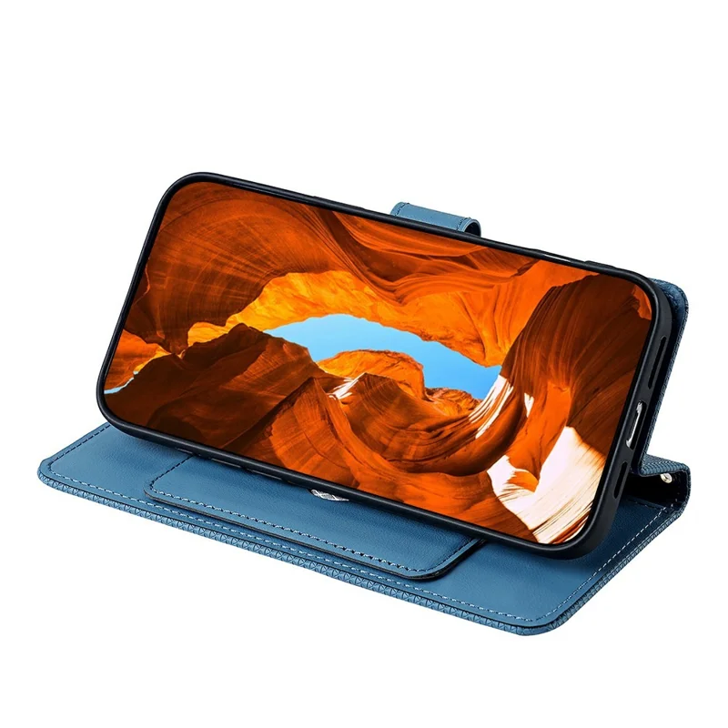 For Xiaomi 17 Ultra 5G Wallet Case Triangle Pattern Imprinted Stand Leather Phone Cover with Shoulder Strap - Blue