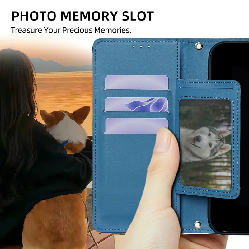 For Xiaomi 17 Ultra 5G Wallet Case Triangle Pattern Imprinted Stand Leather Phone Cover with Shoulder Strap - Blue