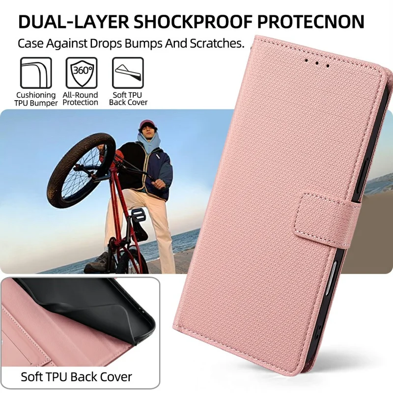 For Honor Power2 5G Wallet Case Triangle Pattern Imprinted Stand Leather Phone Cover with Shoulder Strap - Pink