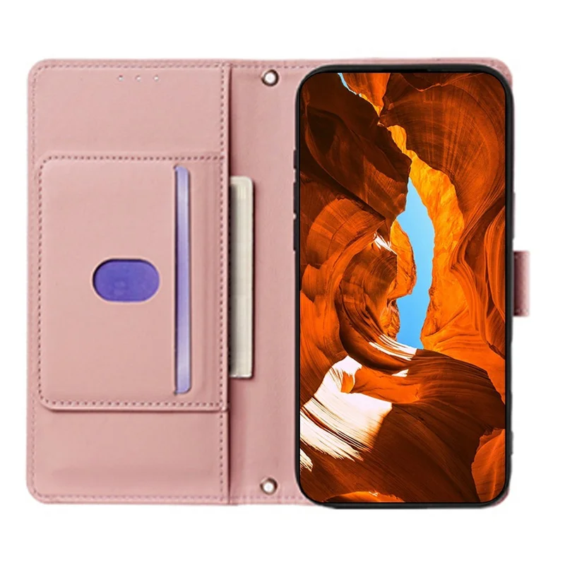 For Honor Power2 5G Wallet Case Triangle Pattern Imprinted Stand Leather Phone Cover with Shoulder Strap - Pink