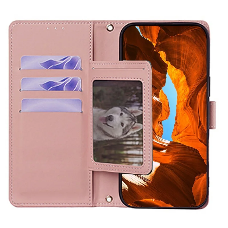 For Honor Power2 5G Wallet Case Triangle Pattern Imprinted Stand Leather Phone Cover with Shoulder Strap - Pink