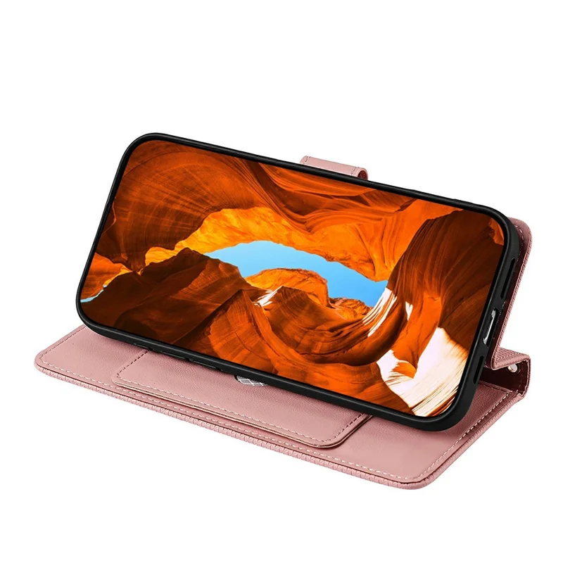 For Honor Power2 5G Wallet Case Triangle Pattern Imprinted Stand Leather Phone Cover with Shoulder Strap - Pink