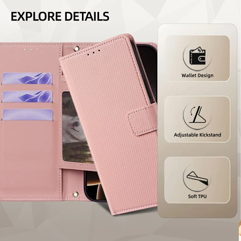 For Honor Power2 5G Wallet Case Triangle Pattern Imprinted Stand Leather Phone Cover with Shoulder Strap - Pink
