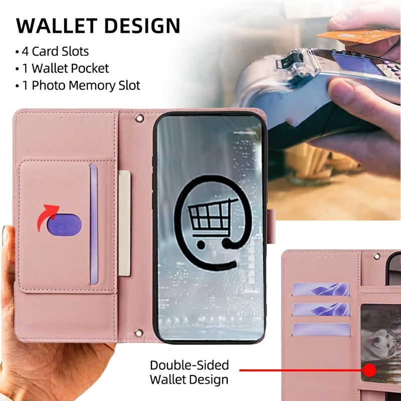For Honor Power2 5G Wallet Case Triangle Pattern Imprinted Stand Leather Phone Cover with Shoulder Strap - Pink