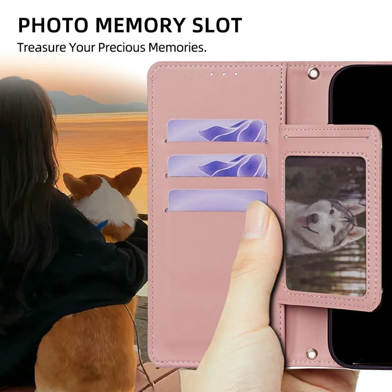 For Honor Power2 5G Wallet Case Triangle Pattern Imprinted Stand Leather Phone Cover with Shoulder Strap - Pink