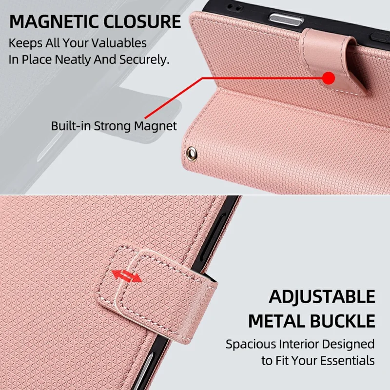For Honor Power2 5G Wallet Case Triangle Pattern Imprinted Stand Leather Phone Cover with Shoulder Strap - Pink