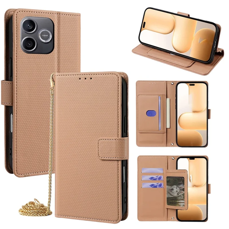 For Honor 600 Lite 5G Wallet Case Triangle Pattern Imprinted Stand Leather Phone Cover with Shoulder Strap - Brown
