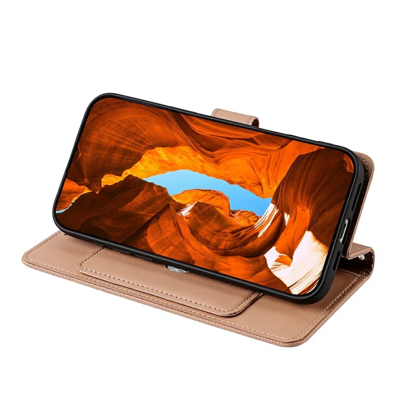 For Honor 600 Lite 5G Wallet Case Triangle Pattern Imprinted Stand Leather Phone Cover with Shoulder Strap - Brown