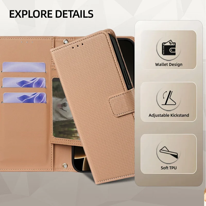 For Honor 600 Lite 5G Wallet Case Triangle Pattern Imprinted Stand Leather Phone Cover with Shoulder Strap - Brown