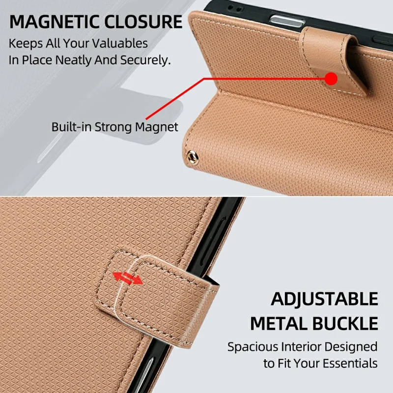 For Honor 600 Lite 5G Wallet Case Triangle Pattern Imprinted Stand Leather Phone Cover with Shoulder Strap - Brown