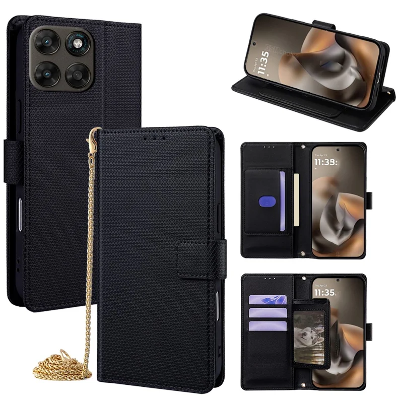 For Motorola Moto G67 5G  /  G77 5G Wallet Case Triangle Pattern Imprinted Stand Leather Phone Cover with Shoulder Strap - Black