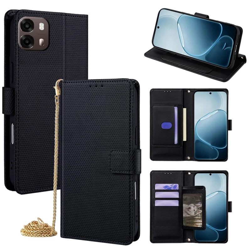 For Oppo A6s 4G Wallet Case Triangle Pattern Imprinted Stand Leather Phone Cover with Shoulder Strap - Black