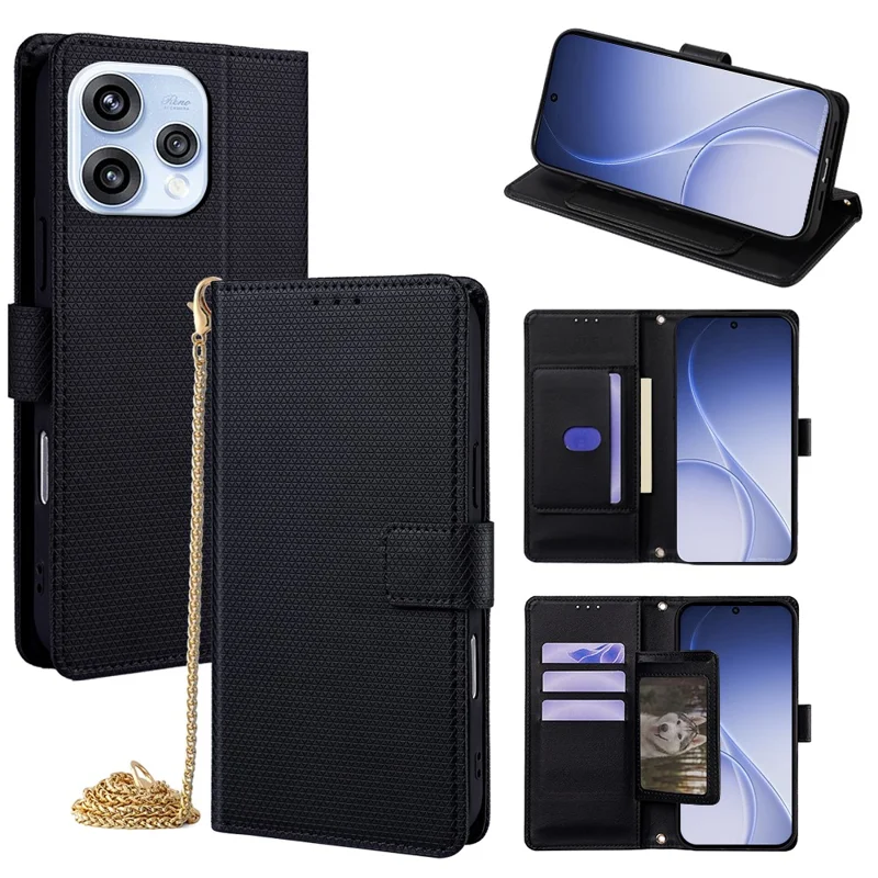 For Oppo Reno15 5G (Global)  /  Reno15c 5G (China) Wallet Case Triangle Pattern Imprinted Stand Leather Phone Cover with Shoulder Strap - Black