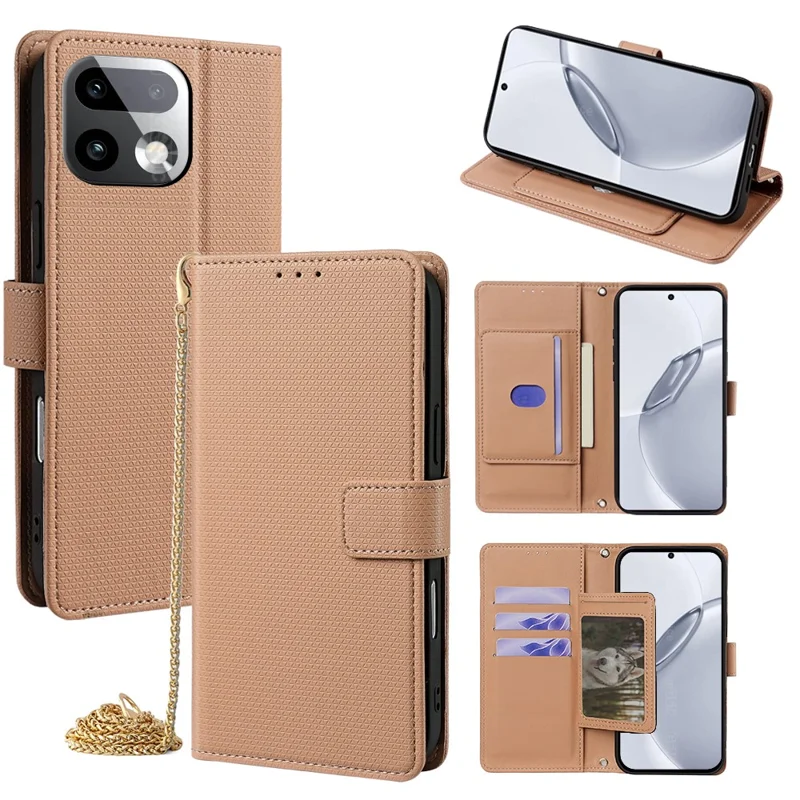 For Realme 16 Pro+ 5G Wallet Case Triangle Pattern Imprinted Stand Leather Phone Cover with Shoulder Strap - Brown