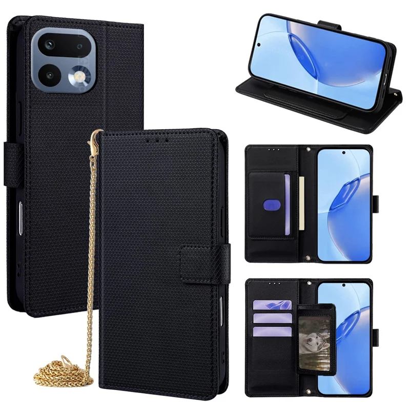 For Realme 16 Pro 5G Wallet Case Triangle Pattern Imprinted Stand Leather Phone Cover with Shoulder Strap - Black