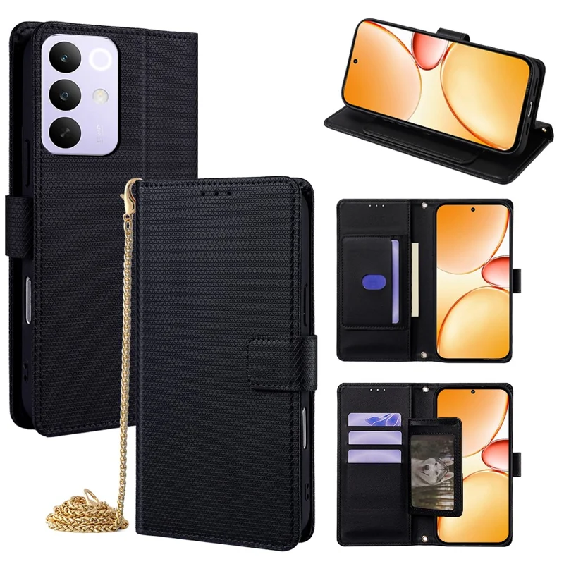 For Realme C85 Pro 4G Wallet Case Triangle Pattern Imprinted Stand Leather Phone Cover with Shoulder Strap - Black