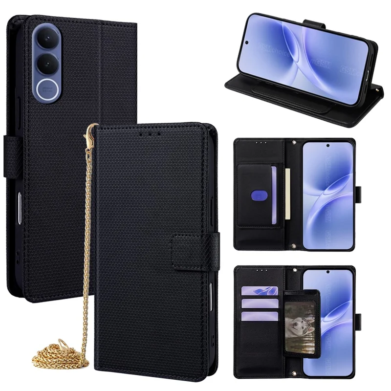 For vivo V70 FE 5G Wallet Case Triangle Pattern Imprinted Stand Leather Phone Cover with Shoulder Strap - Black